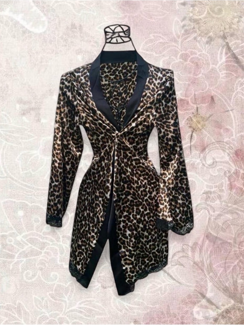 Leopard Print Satin-Trim Womens robe- Black/Brown